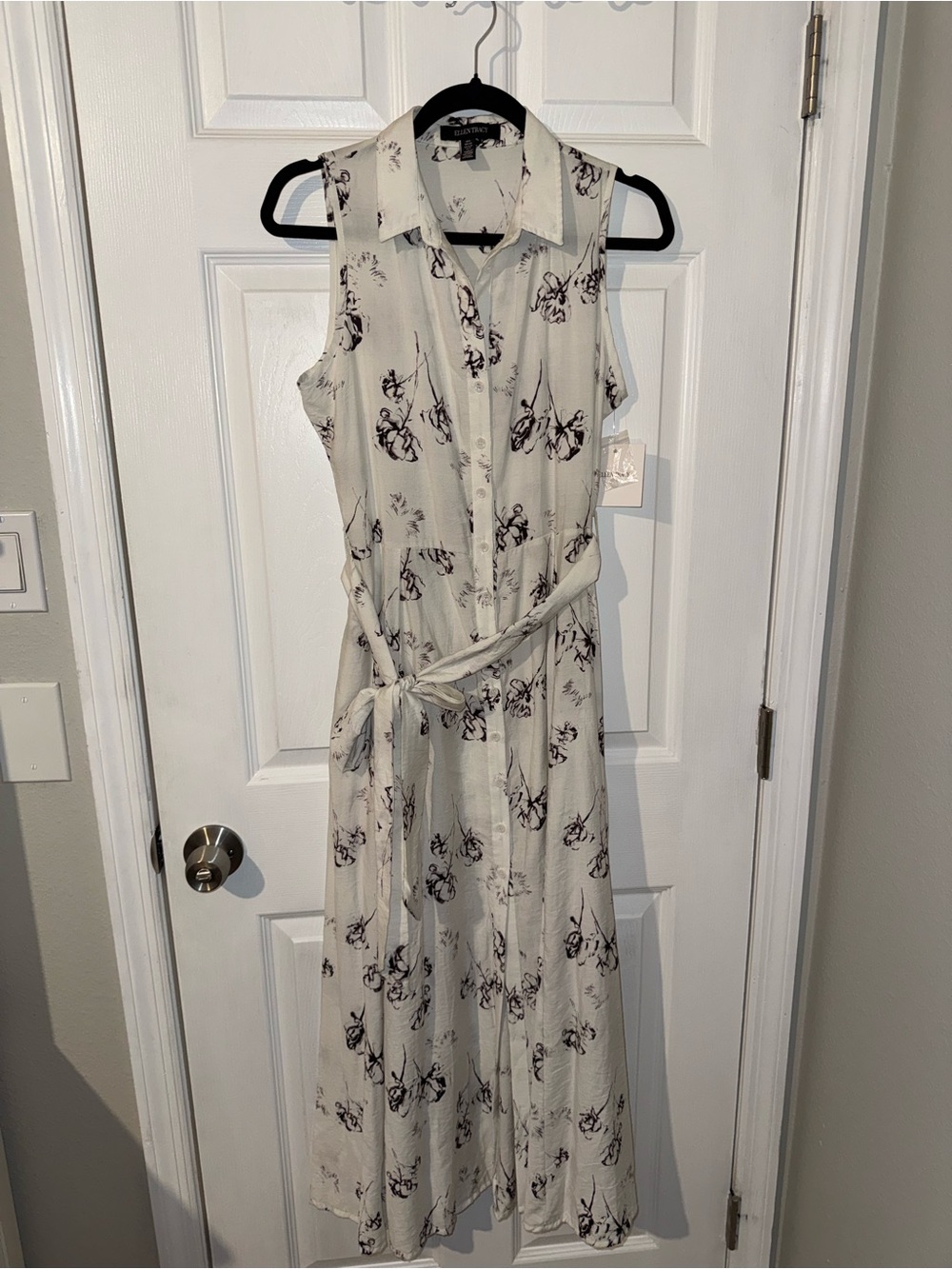 Ellen Tracy Cream Sleeveless Floral Button-Front Tie-Waist Dress 100% cotton nwt